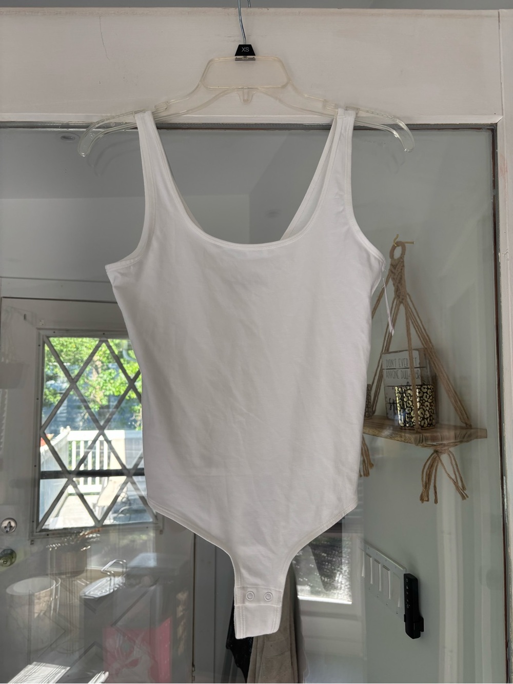 Auden White Scoop Neck Bodysuit with Neon Green Nails Accent